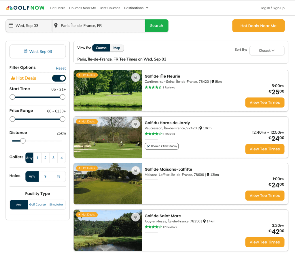 Searching for tee times and Hot Deals